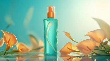 Elegant turquoise bottle with floral accents on reflective surface under soft sunlight photo