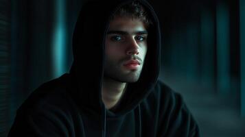 A young man wearing a hooded sweatshirt gazes thoughtfully into the distance in a dimly lit urban setting during the evening photo