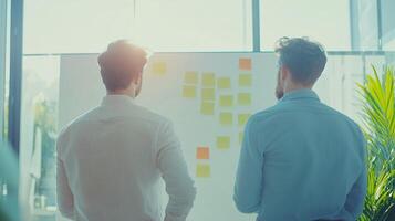 Two professionals collaborating on a brainstorming session with colorful sticky notes in a bright, modern office during the day photo