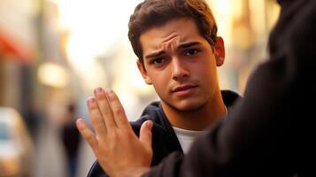 Young man signals to stop in a narrow street during late afternoon, expressing concern or disagreement with an unseen person photo