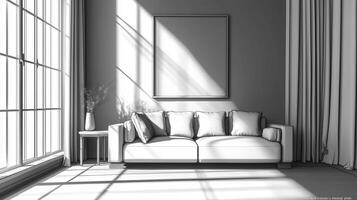 Modern living room with sunlight casting shadows on a minimalist white couch and elegant curtains in a bright space photo