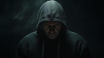 A solitary figure in a dark hoodie stares intently in a dimly lit space, surrounded by a misty atmosphere at night photo