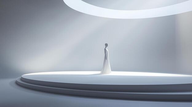 A minimalist figure stands on a circular stage under soft light in a futuristic, serene setting, emphasizing simplicity and elegance photo