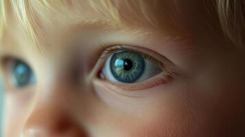 A close-up of a child's captivating blue eyes illuminated by natural light in a cozy indoor environment during the day photo