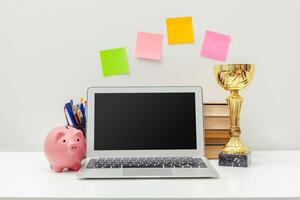 Work place of a creative person with a variety of colorful stationery objects photo