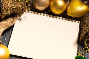 Greeting card mock up with christmas ornaments photo