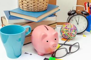 Work place of a creative person with a variety of colorful stationery objects photo