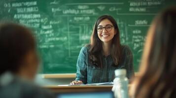 A smiling teacher engages students during a classroom lesson on a bright day at school, creating an inviting learning atmosphere photo