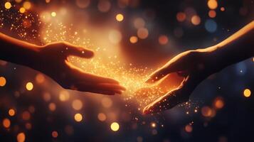 Two hands reaching towards each other with sparkling light in a soft, glowing background at twilight, symbolizing connection and unity photo