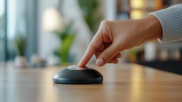 Hand pressing a modern black button on a wooden table in a bright and airy workspace during daylight hours photo
