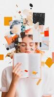 Woman holding a book in front of her face surrounded by vibrant abstract shapes and colors, creating a lively atmosphere of creativity photo