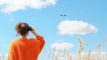 A woman in an orange sweater takes pictures of a bird against a blue sky while surrounded by tall grass in a sunny outdoor setting photo