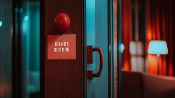A quiet hotel room with a do not disturb sign hanging on the door and soft colorful lights illuminating the space at night photo