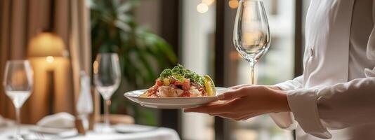 Elegant dining experience with a waiter serving a gourmet dish in a luxurious restaurant during the evening photo