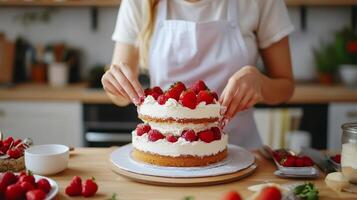 Baker assembling a two-tiered cake topped with fresh strawberries in a cozy kitchen setting during a sunny afternoon photo
