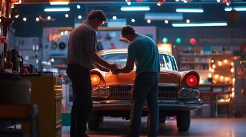 Two men work on a classic car in a well-lit garage, surrounded by tools and vintage decor during a warm evening photo