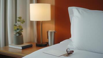 Cozy hotel room with a neatly made bed, a bedside lamp, and personal items on the table near a window during the afternoon photo