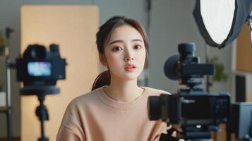 Young woman in a beige sweater seated between cameras during a photoshoot in a well-lit studio setting photo
