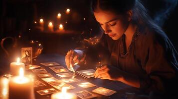 A woman studies tarot cards on a dimly lit table surrounded by candles in an enchanting atmosphere during the evening photo