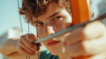 A young archer focuses intently while preparing to shoot an arrow outdoors in bright sunlight during a summer day photo