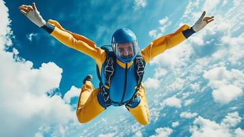 A skydiver in a bright yellow suit leaps through scattered clouds during a thrilling jump high above the landscape photo