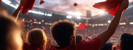 Excited fans cheer with red flags in a packed stadium during a thrilling sports event at sunset photo
