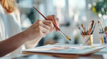 A painter's hands expertly mix vibrant colors during a creative session at a bright, sunlit studio in the afternoon photo