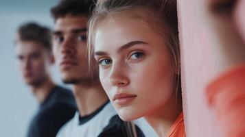 Young adults engaged in a thoughtful moment in a modern indoor setting, showcasing expressions of contemplation and connection photo
