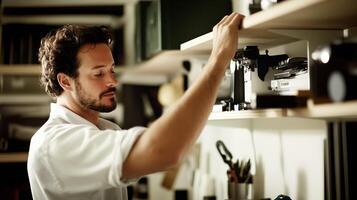 Man arranging items on a shelf in a modern workspace during daylight hours in a home office setting photo