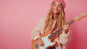 Young woman playing electric guitar and smiling against a vibrant pink backdrop in a cheerful, casual setting photo