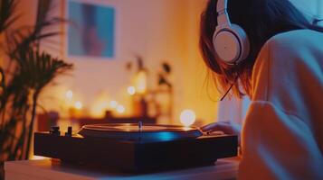 A young person enjoying vinyl records while listening to music in a cozy, warmly lit room surrounded by soft light photo