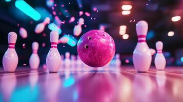 A vibrant pink bowling ball rolls towards white pins in an illuminated bowling alley at night, capturing the excitement of a bowling game photo