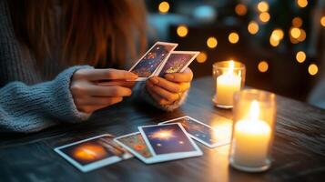 A person reading tarot cards by candlelight in a cozy setting with warm lights during a tranquil evening photo