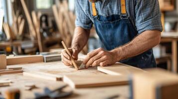 A craftsman measures and marks wood in a workshop filled with tools and materials during the day photo