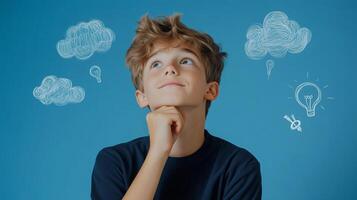 Young boy pondering creative ideas against a blue background with lightbulbs and clouds illustrated around him photo