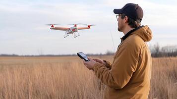 A man operates a drone over a grassy field during the late afternoon at an open rural location photo