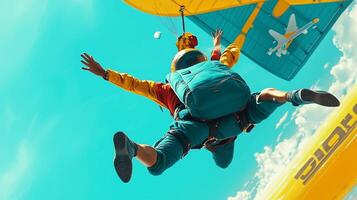 Person paragliding against a bright blue sky with white clouds while enjoying an adventurous ride in the great outdoors photo