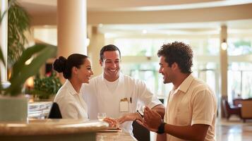 Welcoming hotel staff engage with a guest in a bright lobby setting during daytime in a tropical resort atmosphere photo