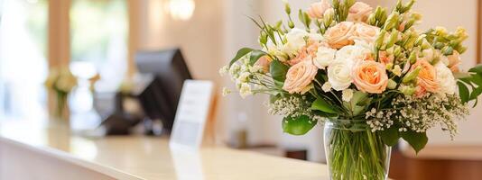 Elegant floral arrangement on a reception desk in a welcoming environment during daylight photo