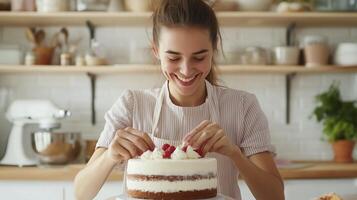 A joyful baker decorates a layer cake with fresh cream and raspberries in a cozy kitchen setting during daylight photo
