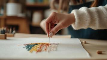 A person meticulously crafting a colorful pattern on canvas with a needle in a cozy workspace during daylight photo