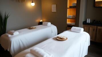 Relaxing spa treatment room with two massage tables in a serene environment designed for wellness and tranquility photo