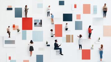 People engaged in various activities against a colorful wall backdrop in a modern workspace during daylight hours photo