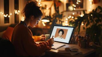 A person drawing at a well-lit desk at night, surrounded by cozy decor and warm lights, focusing on digital art creation photo