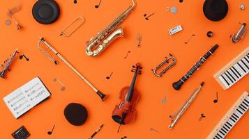 Colorful array of musical instruments and sheet music arranged on a vibrant orange background photo