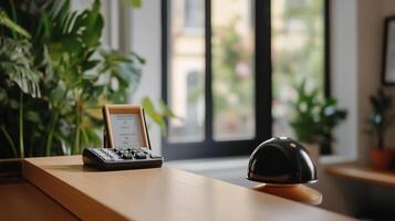 A detailed view of a modern reception area featuring a telephone and a bell amidst lush greenery photo