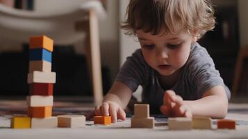 A young child skillfully building a tower with colorful wooden blocks on a soft rug indoors during a playful afternoon photo