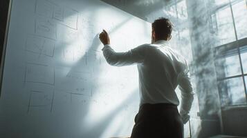 Professional man brainstorming ideas and sketching concepts on a whiteboard in a well-lit office during the morning hours photo