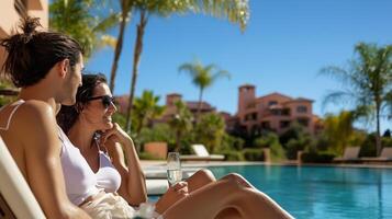 Couple enjoying a relaxing afternoon by the pool with drinks in hand at a luxury resort under a clear blue sky photo
