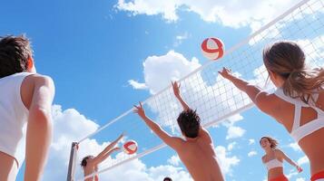 Groups of friends playing beach volleyball under a bright blue sky with fluffy clouds during a sunny afternoon by the shoreline photo